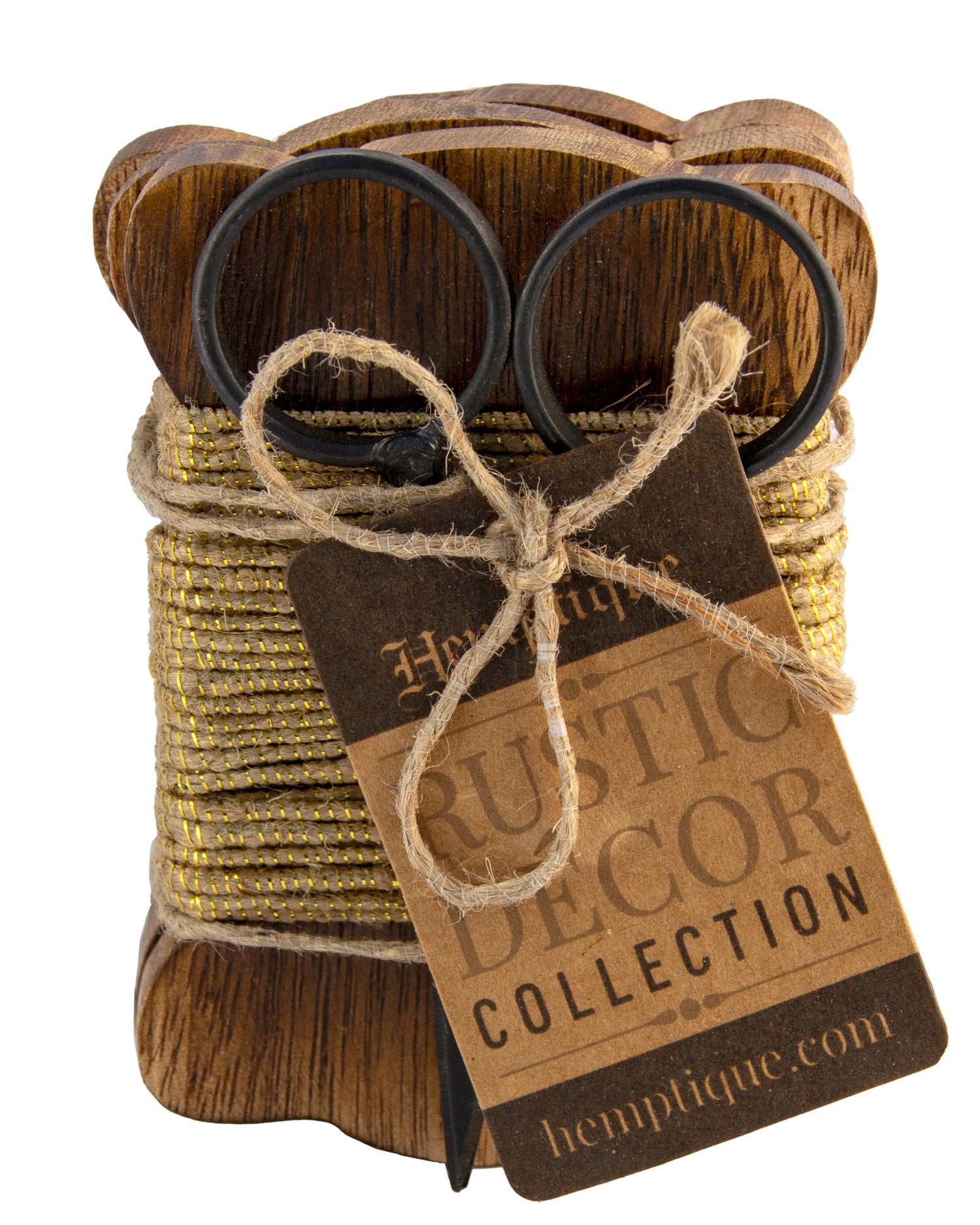 Set of 3 Wood Bobbin Cards with Metallic Jute Cord &amp; Scissors