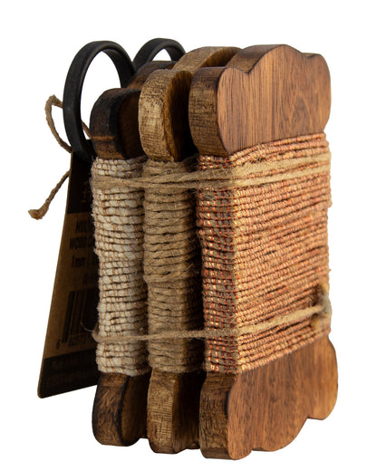 Set of 3 Wood Bobbin Cards with Metallic Jute Cord &amp; Scissors